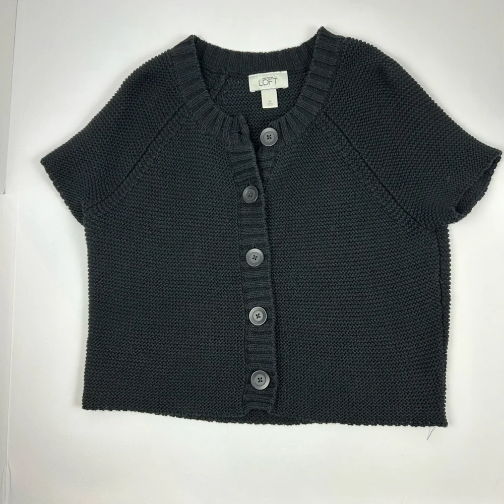 LOFT Black Short Sleeve Knit Button Front Cardigan
